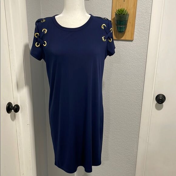 Michael Michael Kors Navy Blue Short Sleeve Shift Dress with Grommet Size Medium - Picture 1 of 6